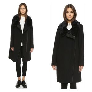 Vince Leather Fur Asymmetrical Wool Coat Black Small S